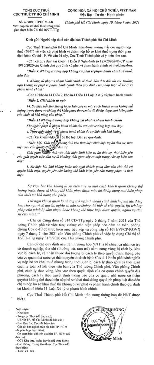 Không bị xử phạt vi phạm hành chính đối với hành vi vi phạm thời hạn nộp hồ sơ khai thuế