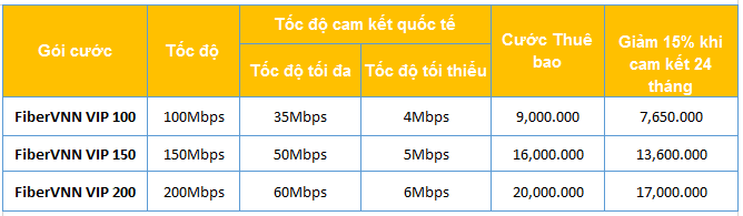 gói cước FiberVnn VIP có tốc độ cao lên đến 200Mbps ưu đãi truy nhập quốc tế
