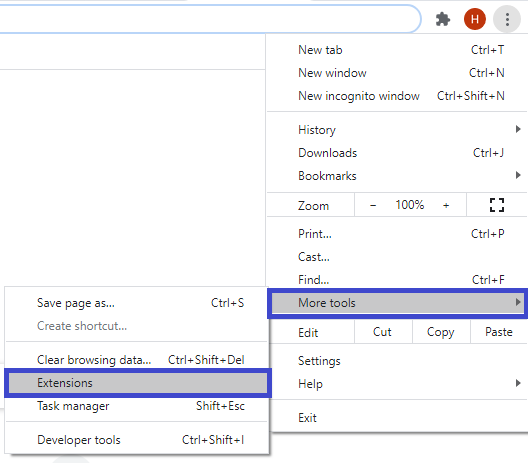 Mở Menu trên thanh công cụ Chrome và chọn More tools à Extensions Mở Menu trên thanh công cụ Chrome và chọn More tools à Extensions