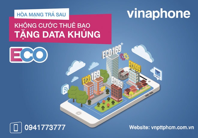 Hoà mạng trả sau không cước thuê bao tăng data khủng, gói cước ECO169 VinaPhone