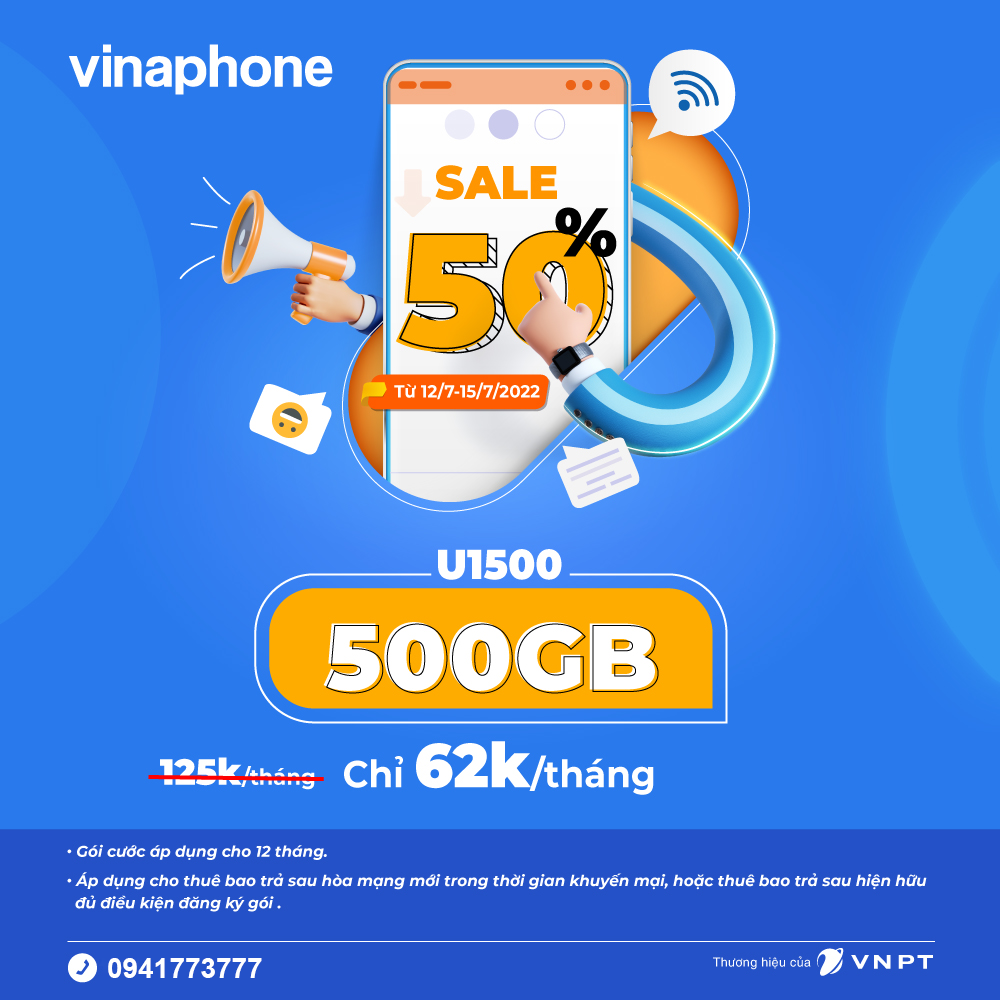 Khuyến mãi VinaPhone gói U1500 500GB DATA tháng chỉ còn 62.500 đồng